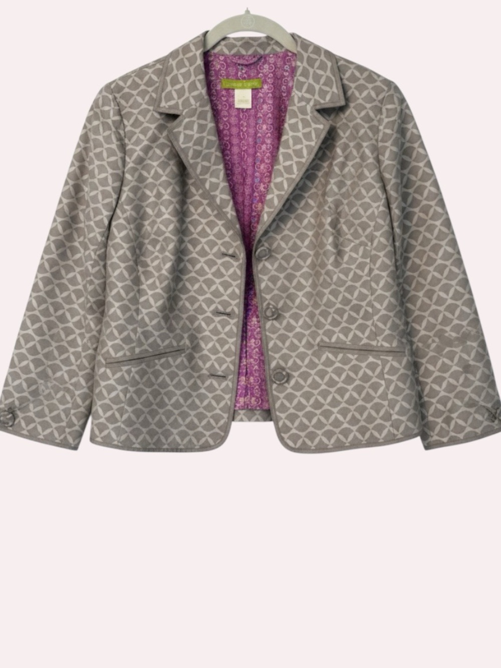 Sigrid Olsen Silk Cotton Blazer Jacket 10 Grey Geo Print & Purple Floral Lining